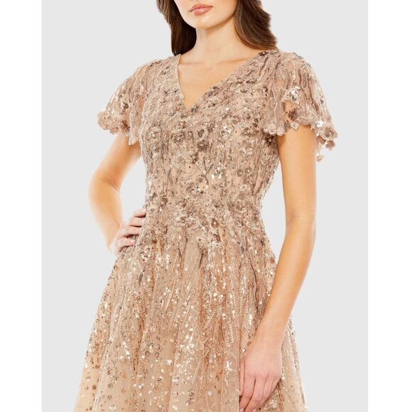 Mac Duggal 20392 Womens Size 6 Beige Taupe Embellished Midi Tulle Sequin Dress - Picture 3 of 4